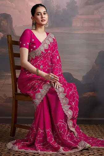 Pink embroidered saree with unstitched blouse