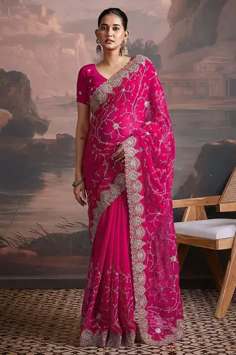 Pink embroidered saree with unstitched blouse