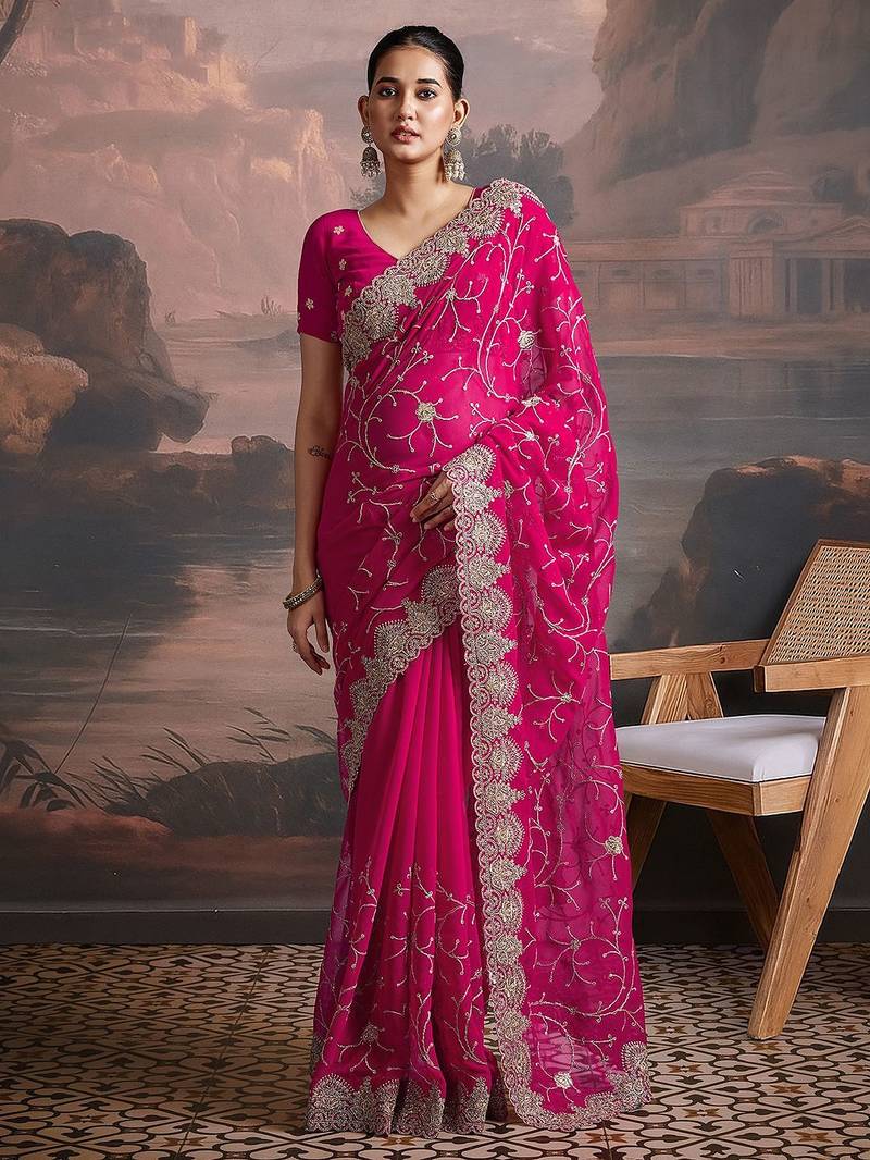 Pink embroidered saree with unstitched blouse