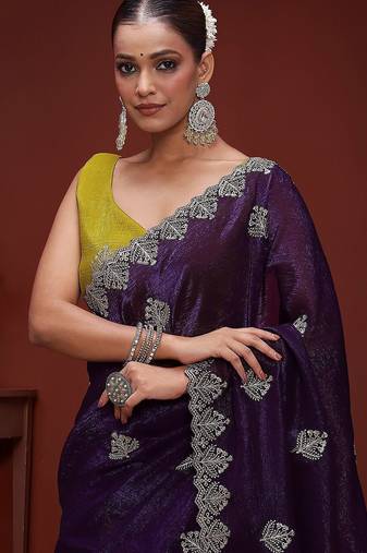 Purple embellished tissue saree with unstitched blouse
