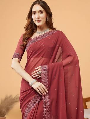 Maroon embellished pure georgette saree with unstitched blouse 1