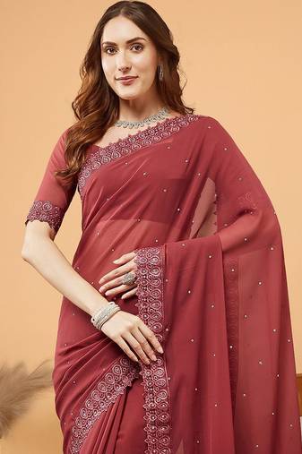 Maroon embellished pure georgette saree with unstitched blouse