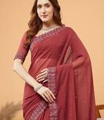 Maroon embellished pure georgette saree with unstitched blouse