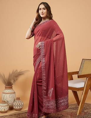 Maroon embellished pure georgette saree with unstitched blouse 2