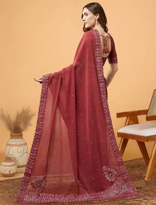 Maroon embellished pure georgette saree with unstitched blouse 3