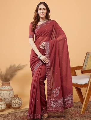 Maroon embellished pure georgette saree with unstitched blouse 4
