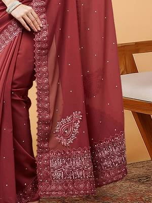 Maroon embellished pure georgette saree with unstitched blouse 5
