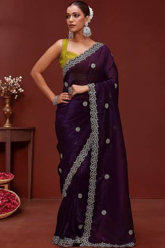 Purple embellished tissue saree with unstitched blouse