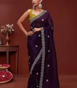 Purple embellished tissue saree with unstitched blouse