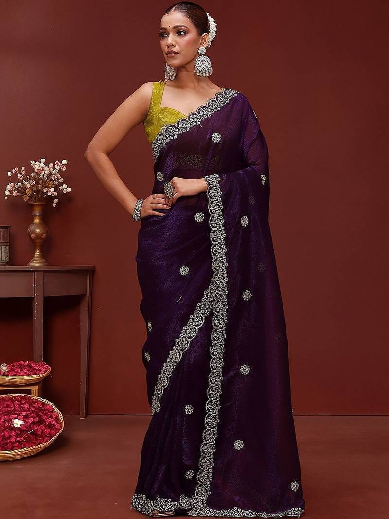 Purple embellished tissue saree with unstitched blouse