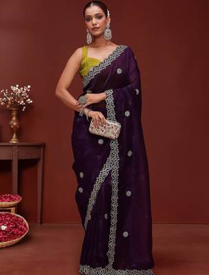 Purple embellished tissue saree with unstitched blouse 2
