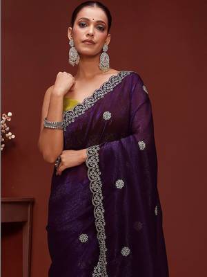 Purple embellished tissue saree with unstitched blouse 5