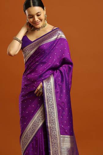 Purple women woven design zari festive banarasi saree