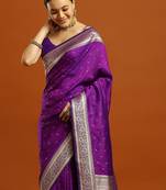 Purple women woven design zari festive banarasi saree