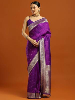 Purple women woven design zari festive banarasi saree 3