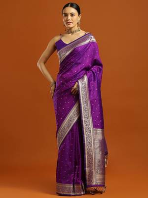 Purple women woven design zari festive banarasi saree 4