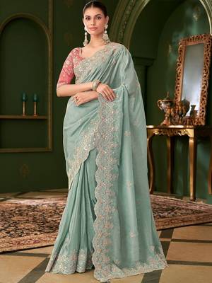 Blue embellished festive wear saree with matching unstitched blouse 1