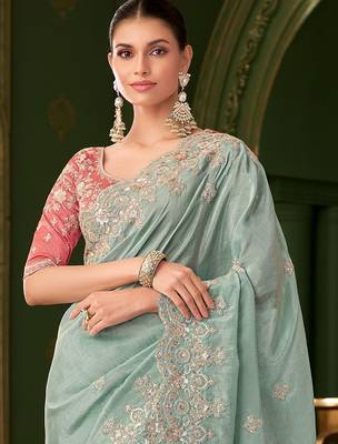 Blue embellished festive wear saree with matching unstitched blouse 2