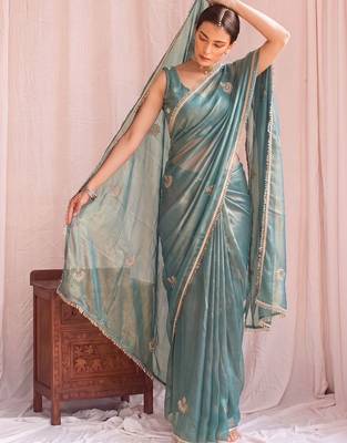 Teal embroidered tissue designer saree 1