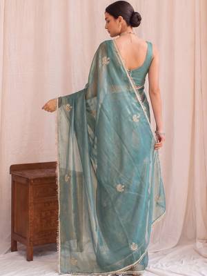 Teal embroidered tissue designer saree 2