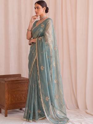 Teal embroidered tissue designer saree 3
