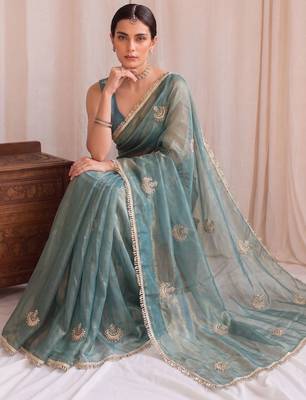 Teal embroidered tissue designer saree 4