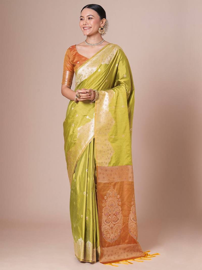 Yellow banarasi woven design saree with blouse