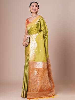Yellow banarasi woven design saree with blouse 2
