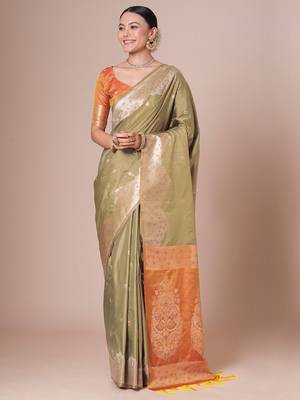 Beige banarasi woven design saree with blouse 1