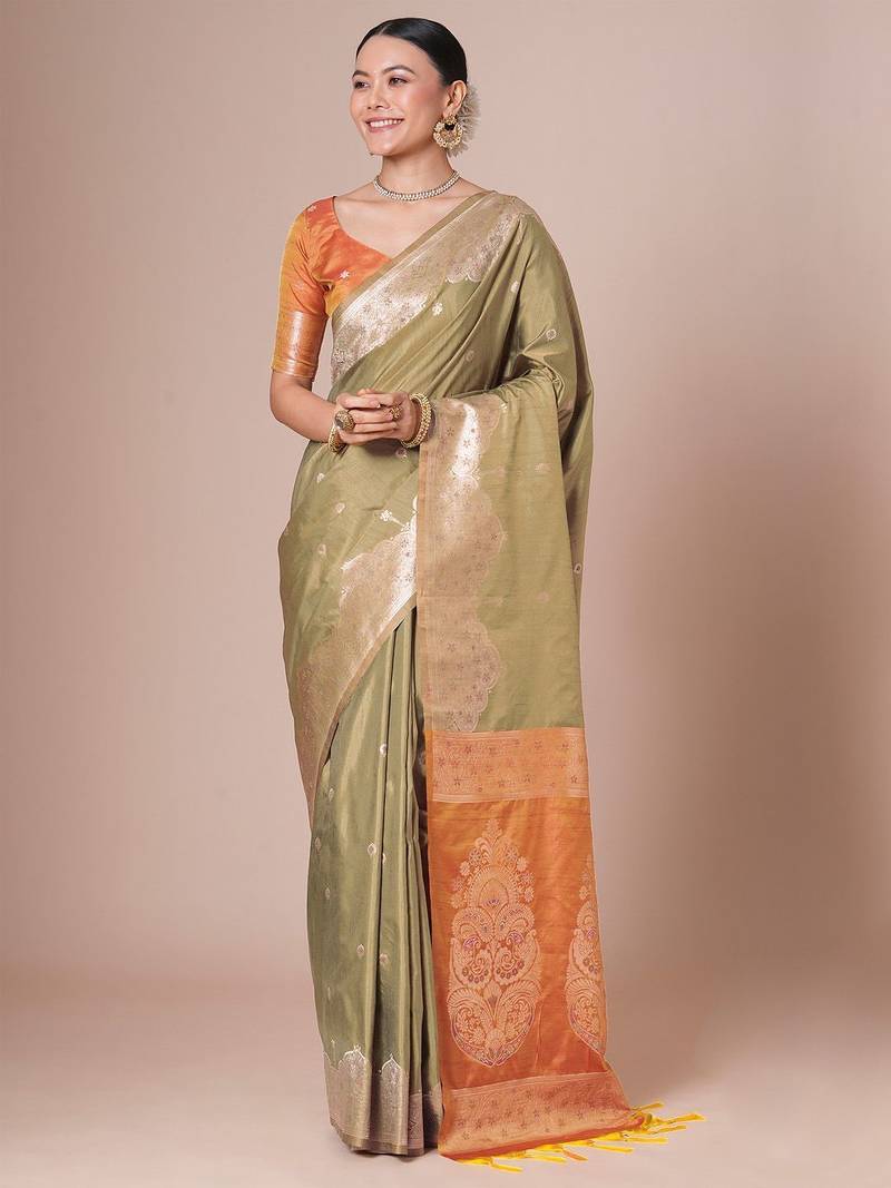 Beige banarasi woven design saree with blouse