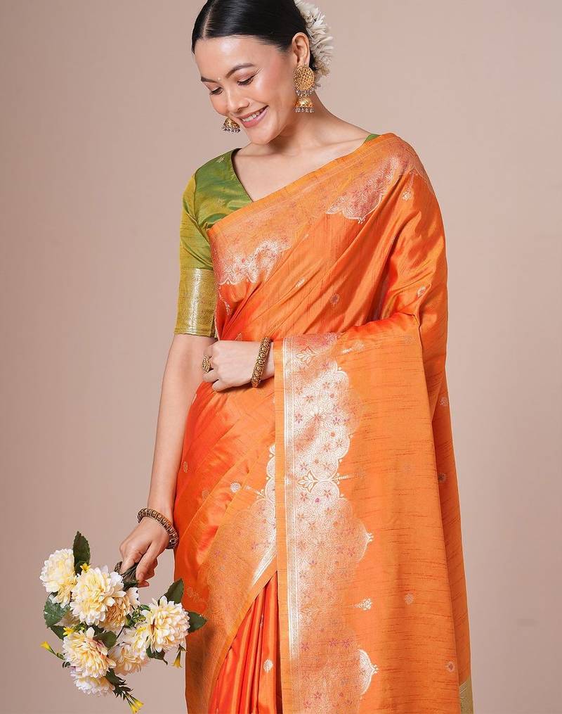 Orange ethnic motifs zari banarasi saree