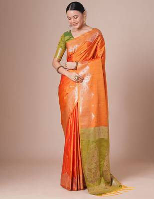 Orange ethnic motifs zari banarasi saree 2
