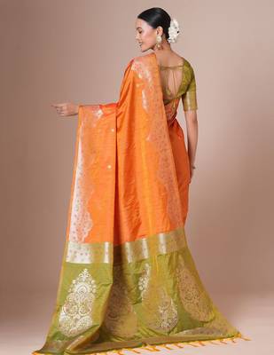 Orange ethnic motifs zari banarasi saree 3