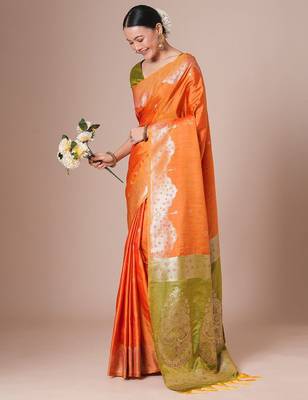 Orange ethnic motifs zari banarasi saree 4