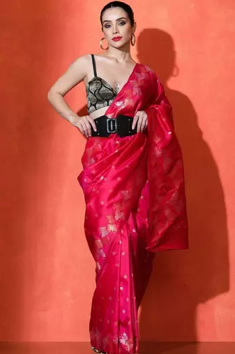 Pink woven design banarasi sarees with blouse piece