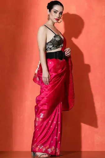 Pink woven design banarasi sarees with blouse piece
