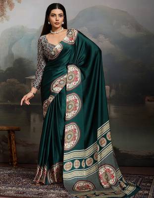 Green ethnic ajrak printed festive wear saree with matching blouse 1