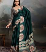 Green ethnic ajrak printed festive wear saree with matching blouse