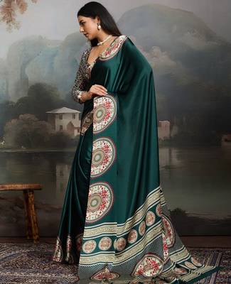 Green ethnic ajrak printed festive wear saree with matching blouse 2
