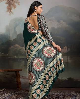 Green ethnic ajrak printed festive wear saree with matching blouse 3