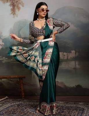 Green ethnic ajrak printed festive wear saree with matching blouse 4