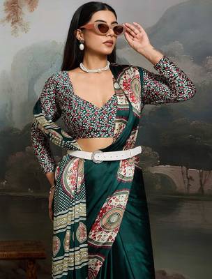 Green ethnic ajrak printed festive wear saree with matching blouse 5