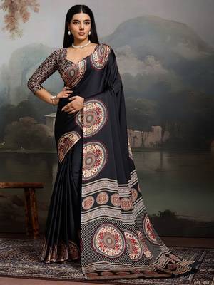 Black ethnic ajrak printed festive wear saree with matching blouse 2