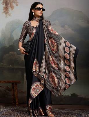 Black ethnic ajrak printed festive wear saree with matching blouse 3