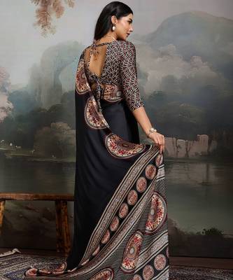 Black ethnic ajrak printed festive wear saree with matching blouse 4
