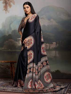 Black ethnic ajrak printed festive wear saree with matching blouse 5