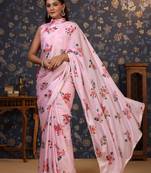 Rose floral printed satin saree
