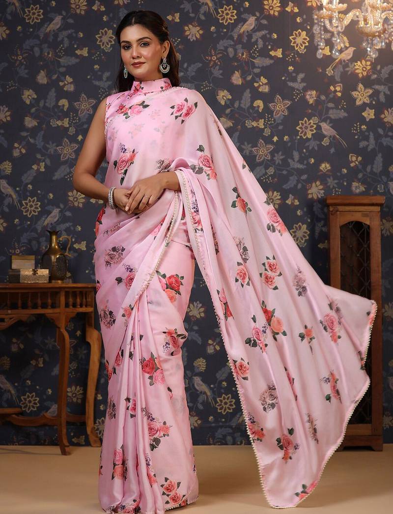 Rose floral printed satin saree
