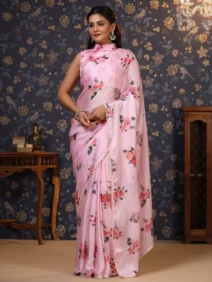 Rose floral printed satin saree 2