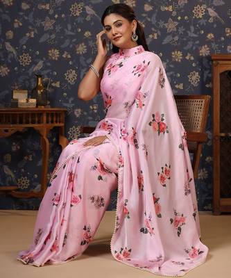 Rose floral printed satin saree 4